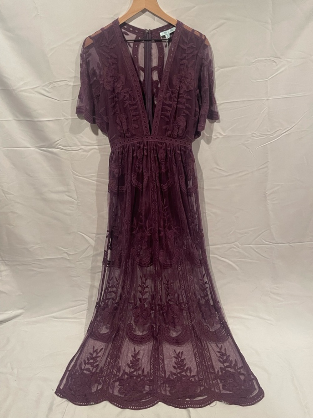 She + Sky Plum Embroidered Sheer Dress